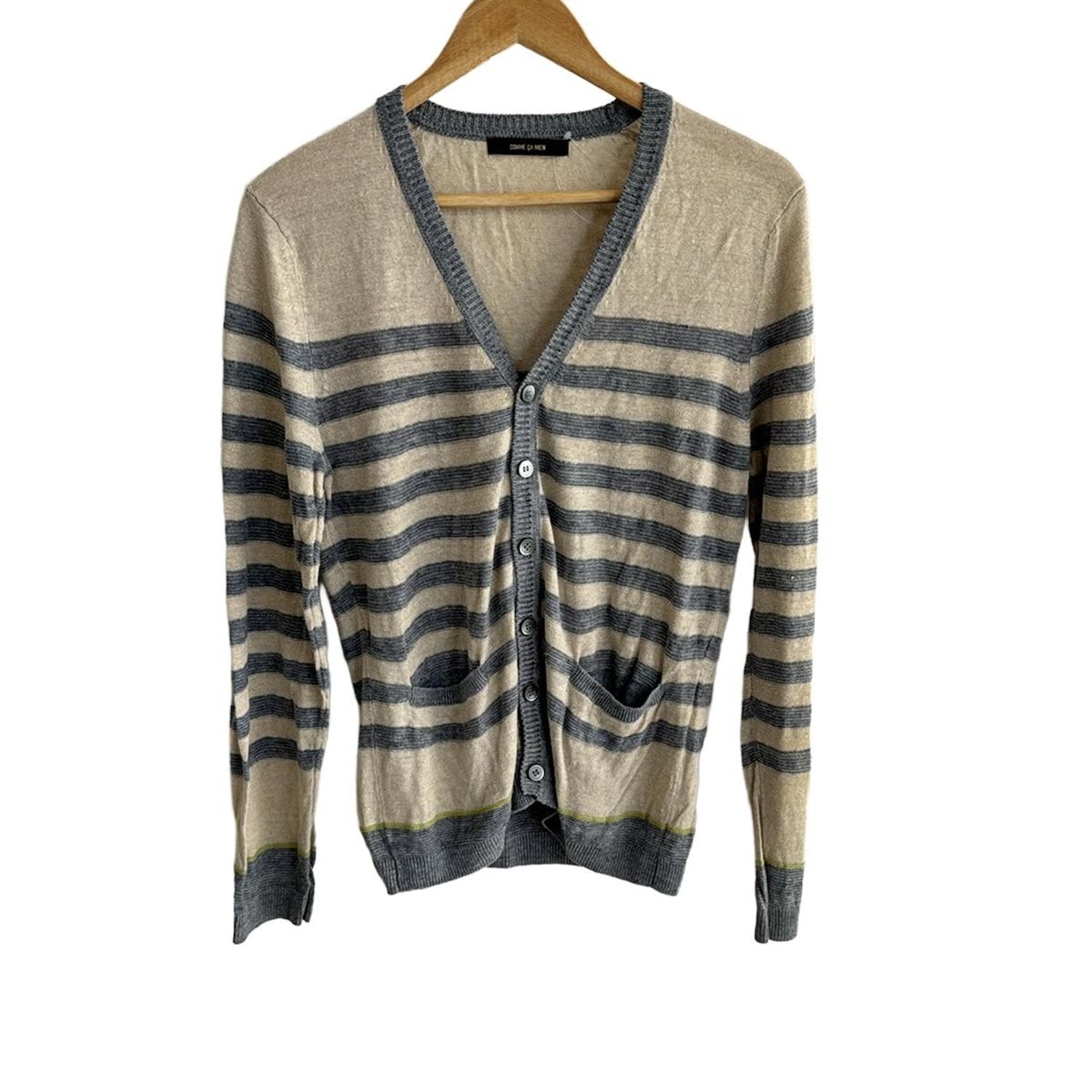 COMME CA MEN コムサメン カーディガン サイズM メンズ - ベージュ×ライトグレー×イエローグリーン 長袖 ボーダー