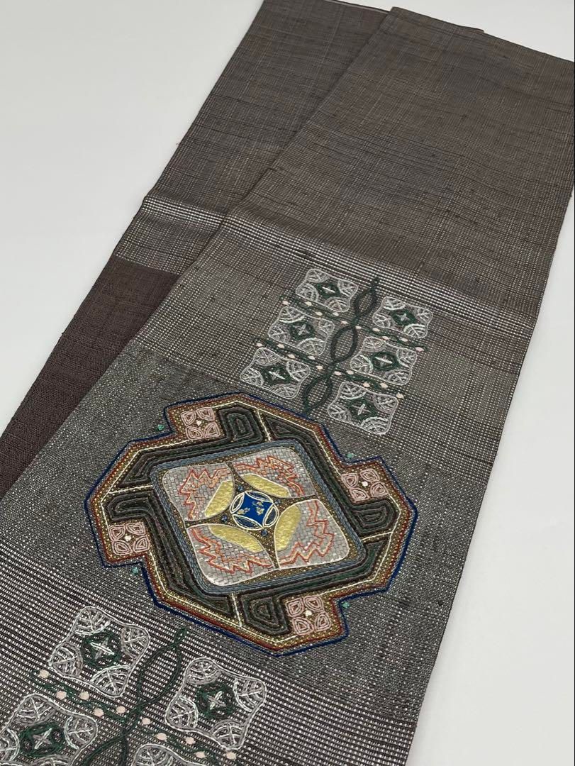 工芸的 刺し子 刺繍 袋帯 金彩 銀箔 正絹 お太鼓柄 Q923 - メルカリ