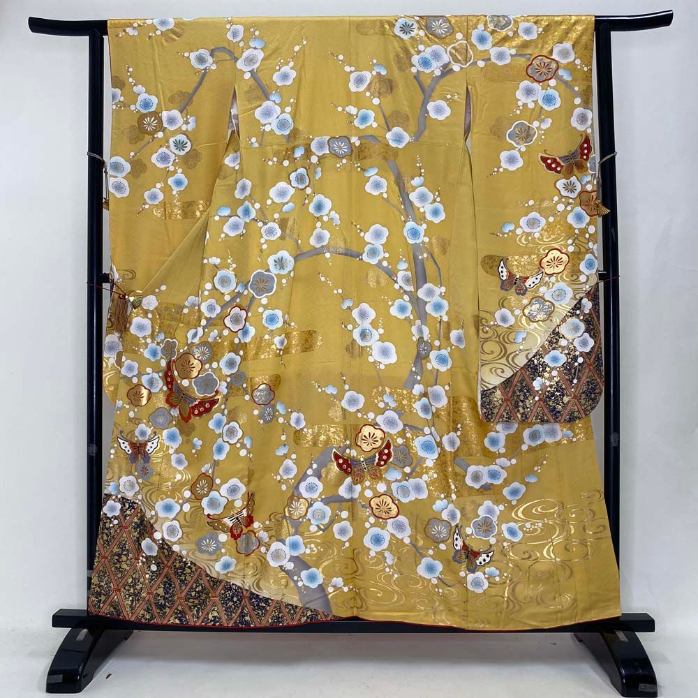 振袖 中古 黄色 イエロー 正絹 古典 裄61.5cm 身丈156cm 美品 S サイズ 