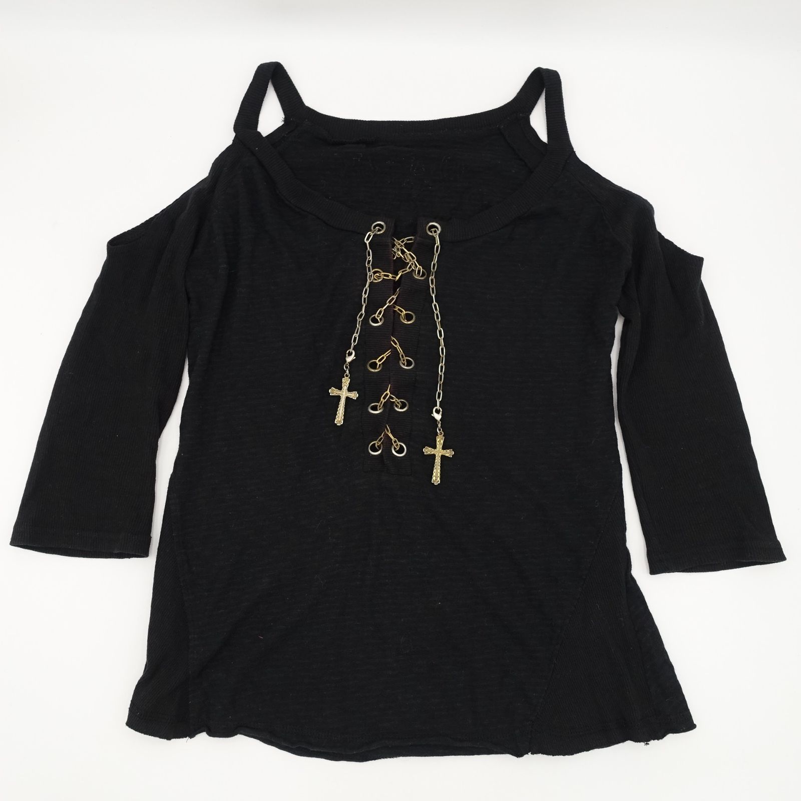 d.i.a. フロントチェーン スカルデザイン 7分袖 Tシャツ 肩出し