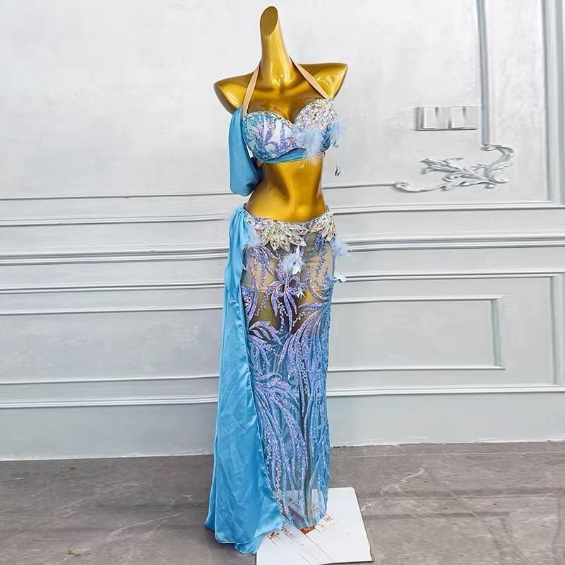 ♥ ベリーダンス オリエンタル衣装 インナー付 演技 衣装 セット ゴールド オーダーメイド ブルー 2カラー選択