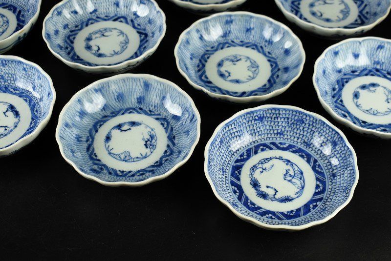 蔵c9445a 古伊万里 染付 みじんこ文 なます皿 十客