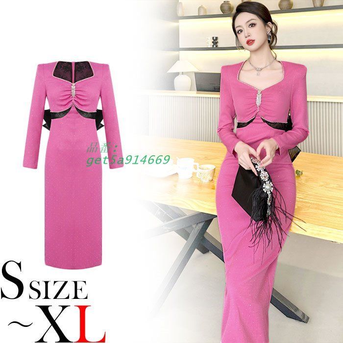 ビジュー使い裏地シースルーレース 長袖ロングタイトワンピース ピンク キャバ スナック ラウンジ 韓国 レディース get5a914669