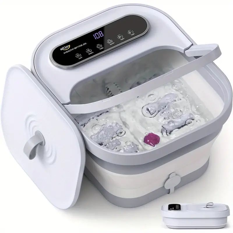 Alljoy 折りたたみ式フットバス 温度調節 35℃～48℃ 6段階タイマー デジタルパネル 過熱防止 電気フットバス 手持ちバブル機能 蓋付き コンパクト収納 6ローラー 軽石 角質除去対策 冷え性対策