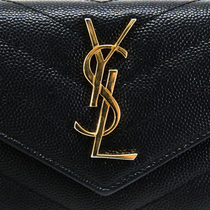 サンローラン SAINT LAURENT モノグラム スモール エンベロープウォレット 二つ折り財布 グレインレザー カーフスキン 414404  Vステッチ YSL金具 ミディアムウォレット コインケース レディース ブラック 美品 中古 man26058 - メルカリ