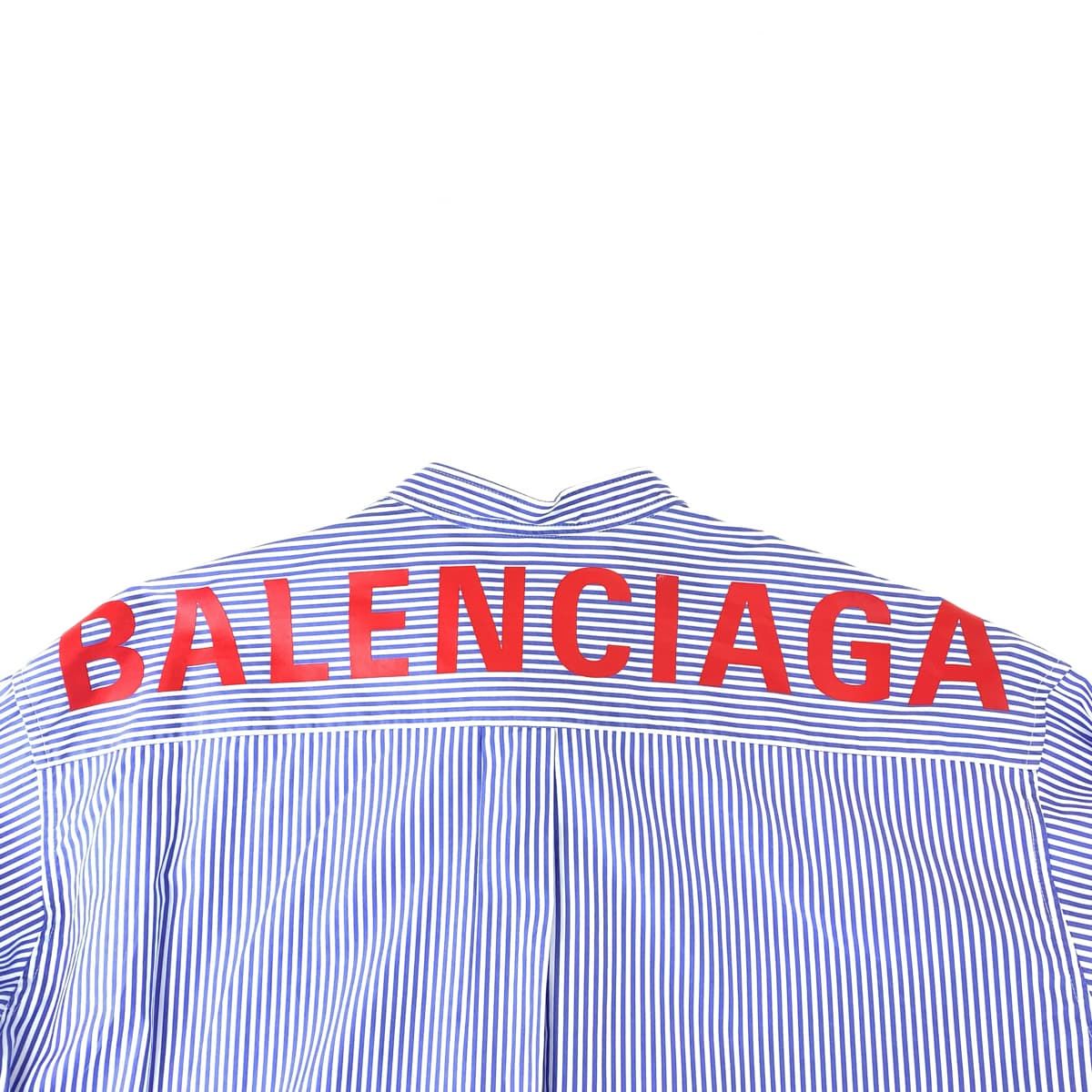 美品 BALENCIAGA バレンシアガ ニュースウィングシャツ ストライプ柄 サイズ34 ブルー 青 コットン 520497 ロングシャツ  ボウタイ付き ワンピース レディース 404490 【中古】【中古】