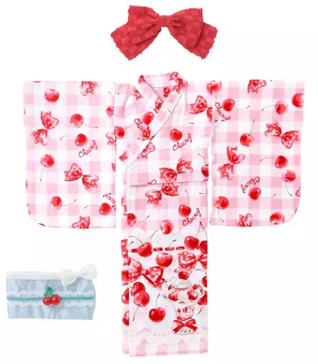 ドール 1 3 45cm用 浴衣set～リボンとチェリーパフェ～ ピンクチェック