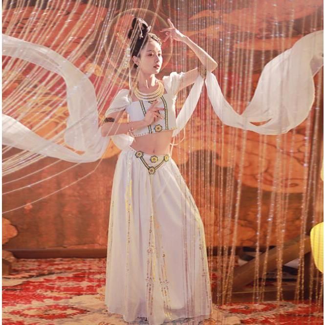 職人製作 敦煌古典舞踊衣装 中華 飛天 天女 飄々 古典ダンス衣装 3点セット 唐時代 漢服 宮廷舞踊 衣装 大人 チャイナ民族風 コスチューム 時代劇 仮
