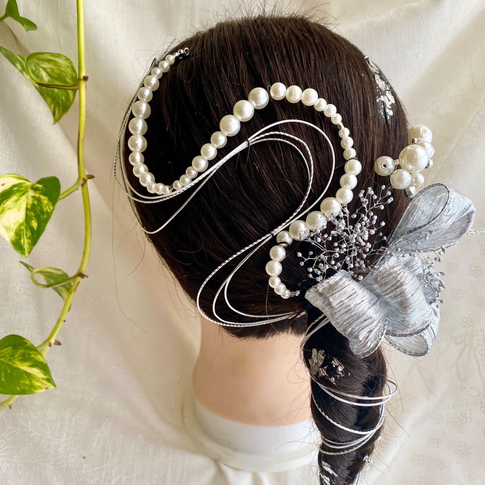パール髪飾り シルバー パール 金箔付 水引付 結婚式 卒業式 成人式 前