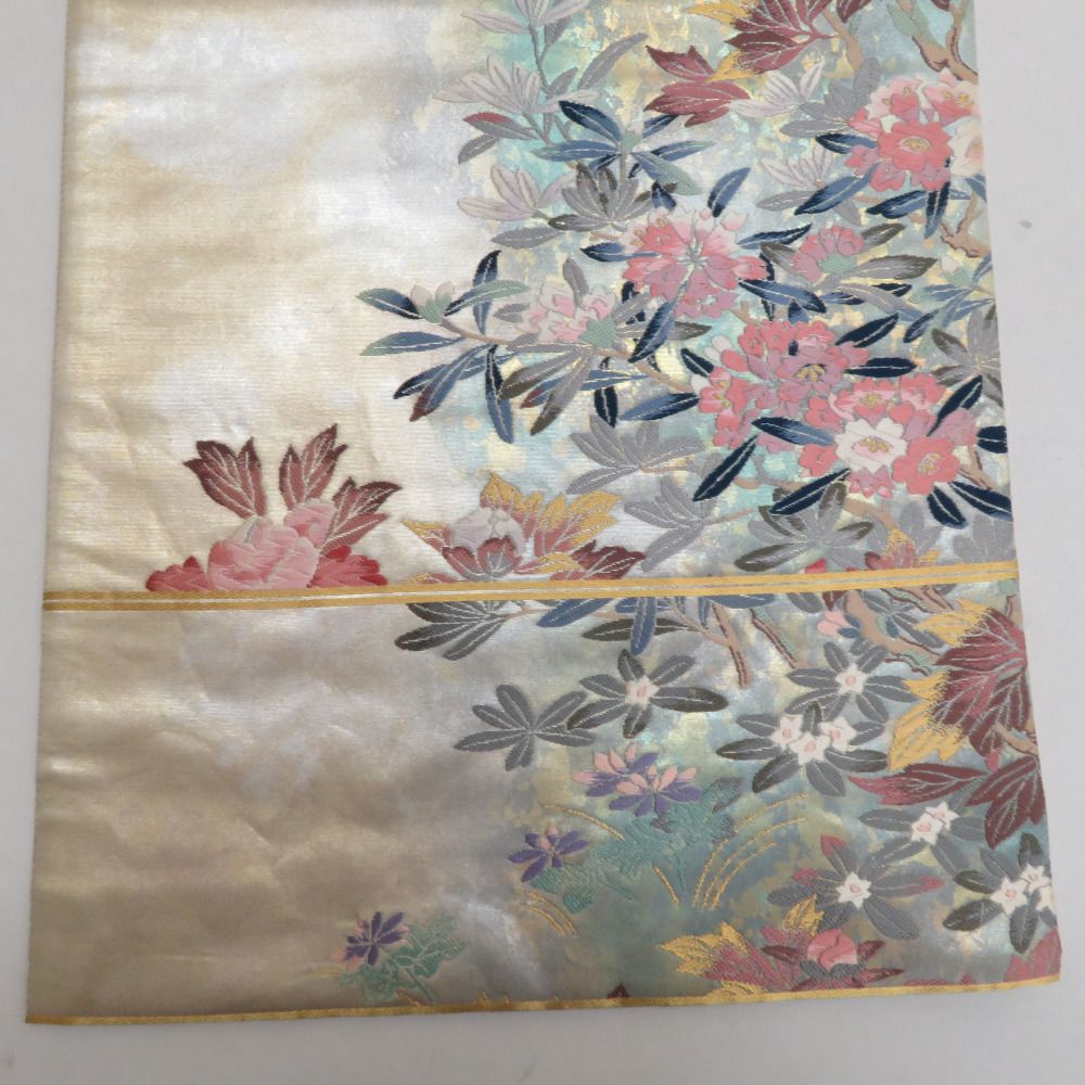 袋帯 正絹 金糸銀糸 パステル系 花々文様 緑色xピンク色 刺繍