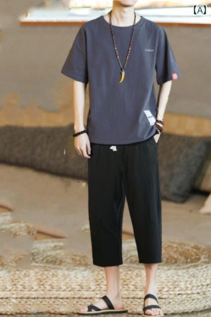 種類24：L/C：K821 ダークグレー  メンズ ファッション 服 男性用 オシャレ シンプル 大人 かっこいい 大きいサイズ ストリート 紳士服 夏 リネン クロップド パンツ ストレート 七分丈 パンツ 