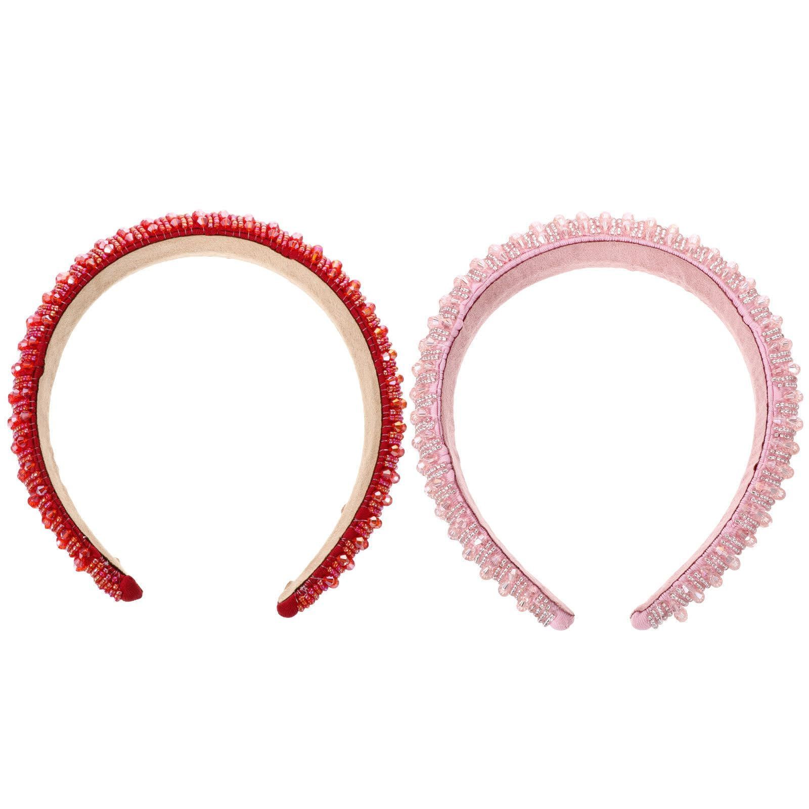 【新着商品】バロック キラキラ 幅広 ヘアバンド ラインストーン 髪飾り レディース 前髪 洗顔ヘアアクセサリー キラキラ ヘアアレンジ カチューシャ ヘッドドレス ２個セット（レッド ピ