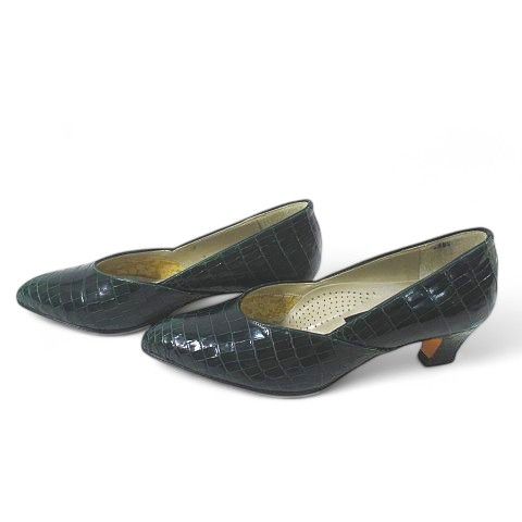 SHINJUKUYA 新宿屋 パンプス ハンドメイド 型押し グリーン レザー 22.5㎝ EE