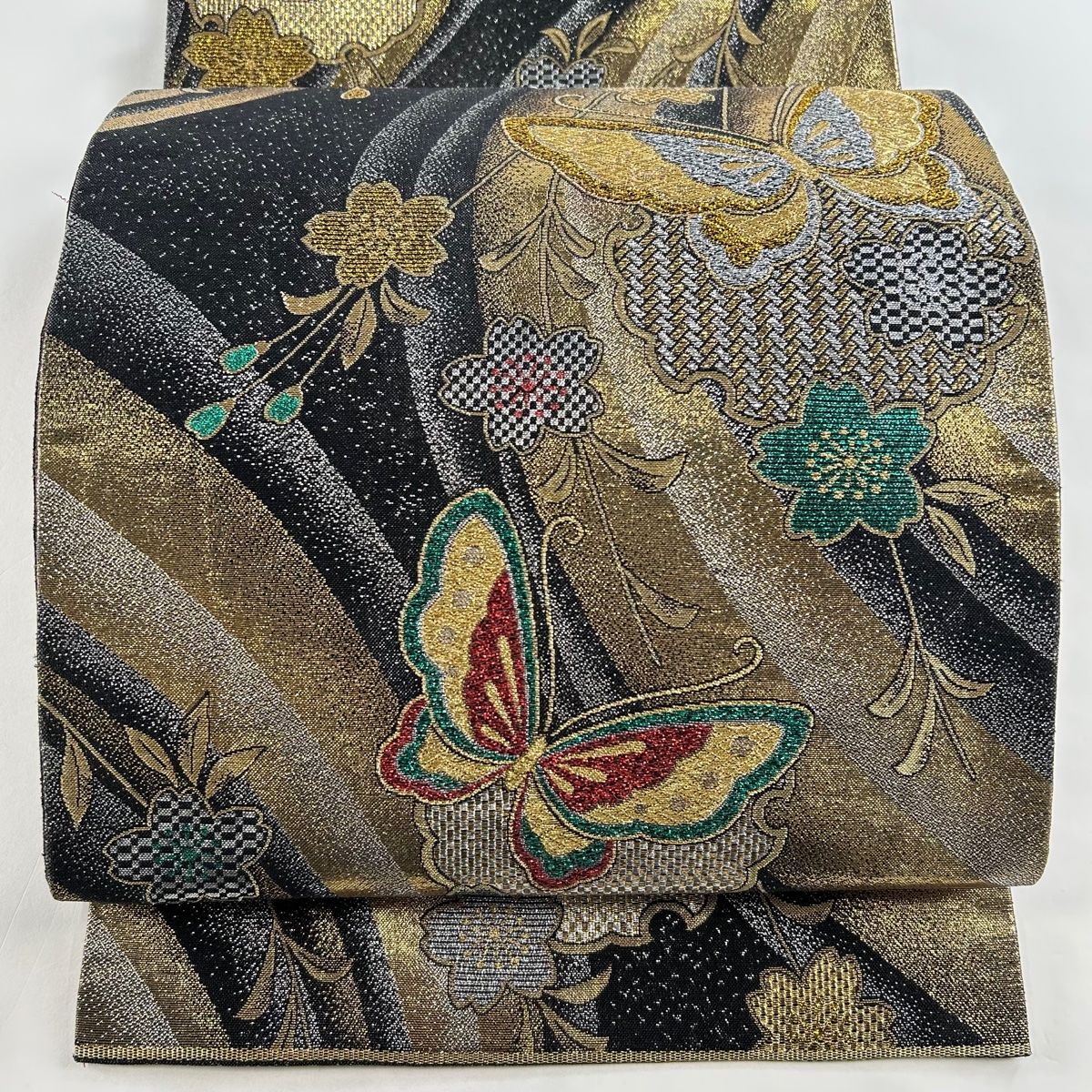 袋帯 秀品 振袖向 蝶 桜 金糸 箔 黒灰 六通 正絹
