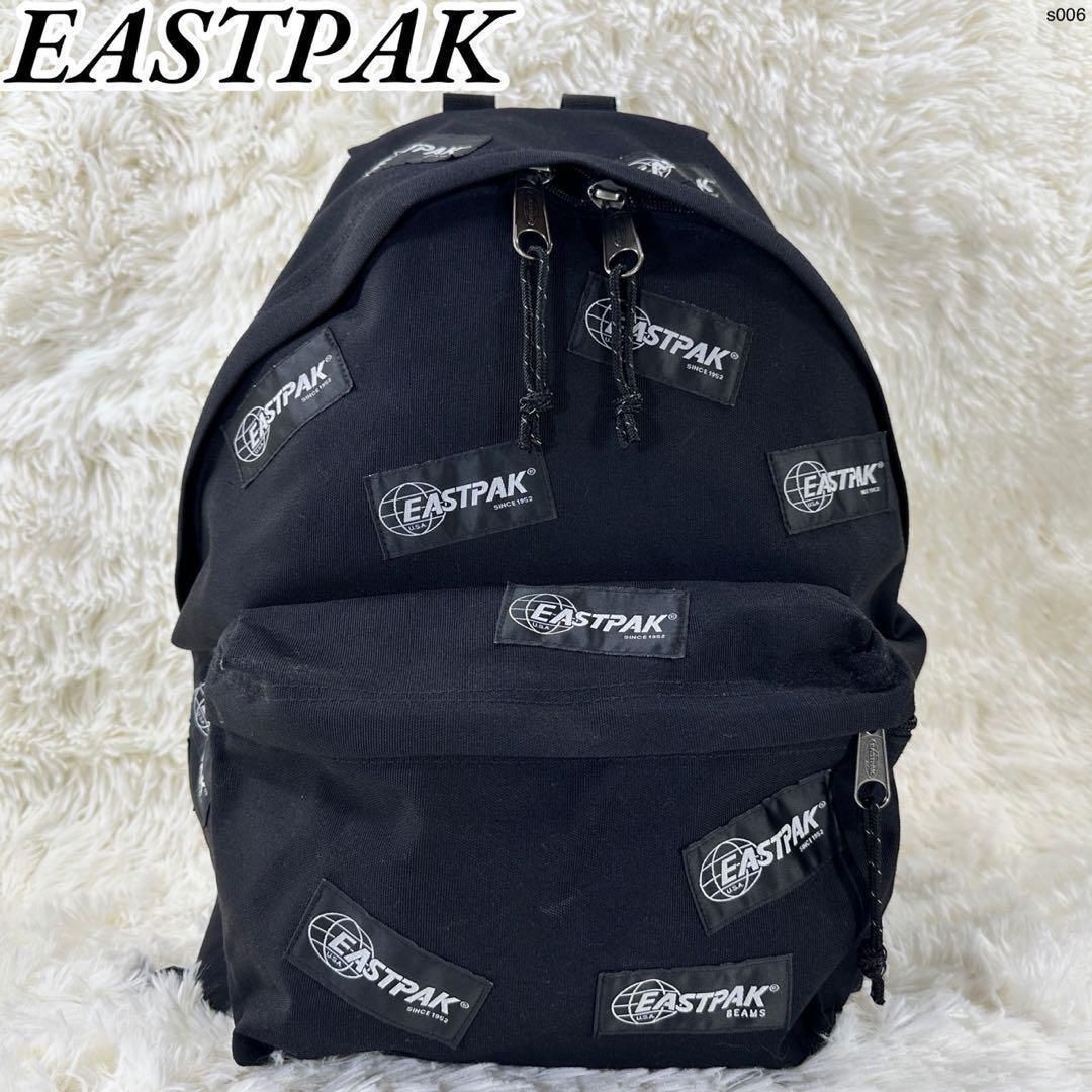 【訳あり美品】EASTPAK イーストパック ビームス コラボ 別注 総柄 リュックサック バックパック ビジネスバッグ マザーズバッグ 肩掛け 手提げ ナイロン ロゴ 型押し シルバー金具 大容量 A4可 PC可 通勤 通学 ブラック 黒