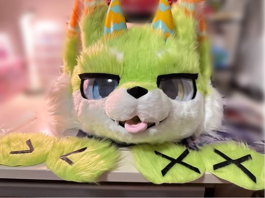 ファースーツ 着ぐるみセット NO.140 グリーン オレンジ色 ケモノ ファースーツ 全頭ヘッド ぬいぐるみ コスプレ コスチューム