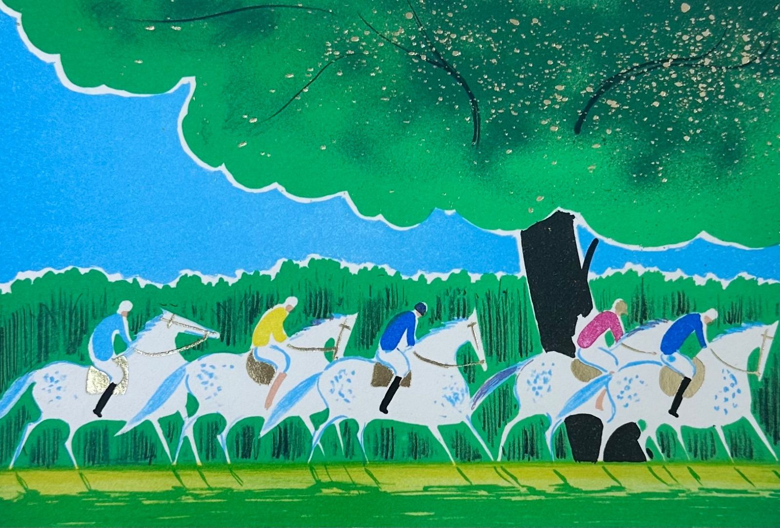 セルジュ・ラシス「5頭の白馬」リトグラフ 箔押し 作家直筆サイン 版画