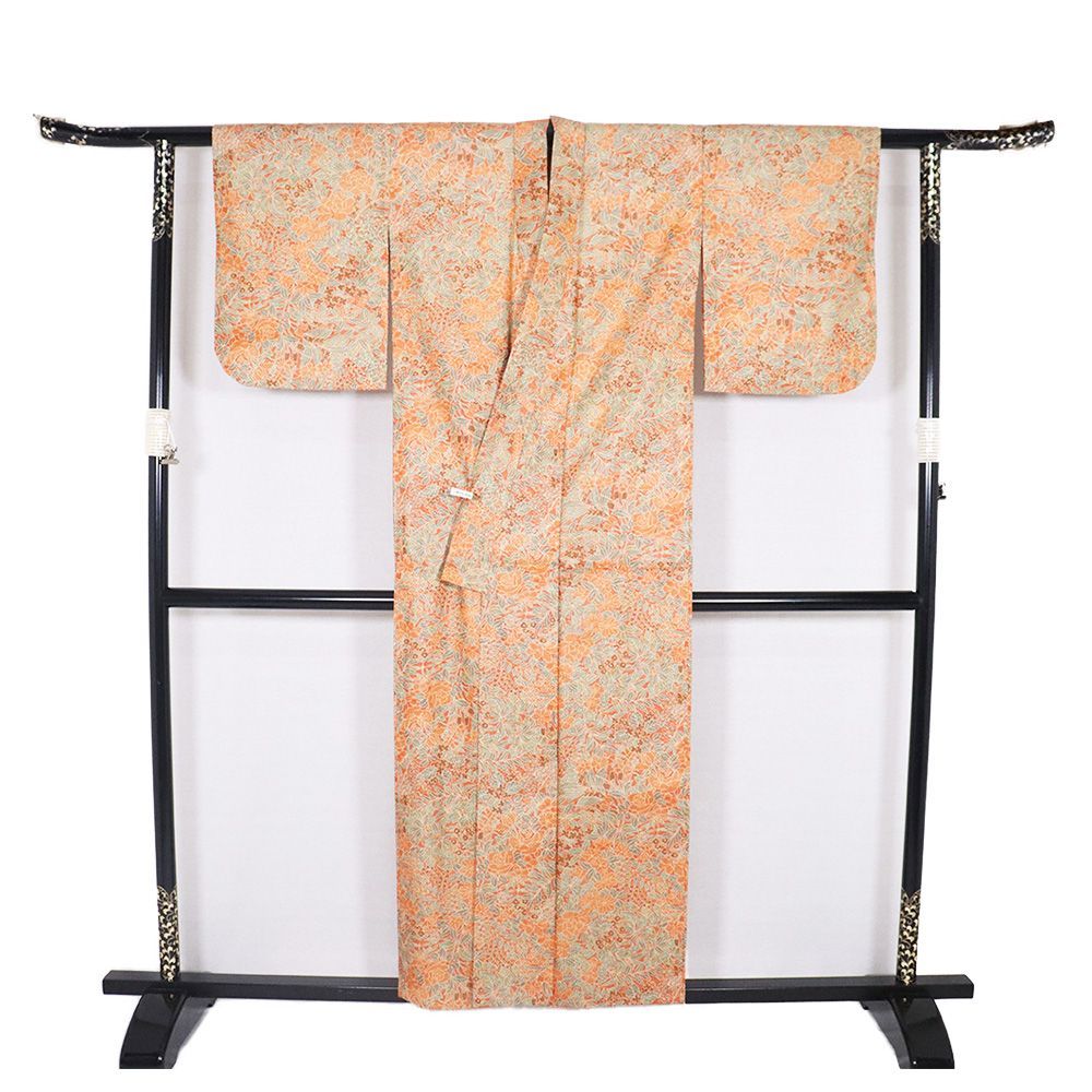単衣 染紬 正絹 朱色 緑 花柄 Sサイズ ki30842 美品 ひとえ 春秋