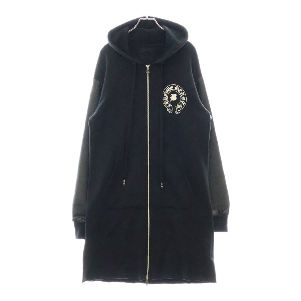 CHROME HEARTS クロムハーツ ×Bella Hadid BELLA HD ×ベラハディッド イニシャルパッチロゴ ダガージップ レザー切り替えロング丈パーカー フーディー レディース ブラック