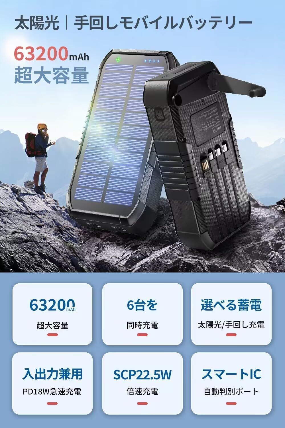 ソーラーモバイルバッテリー 大容量 台風 地震 災害用 63200mAh - 手回し充電 急速充電 ソーラーチャージャー 6台同時充電 3本ケーブル内