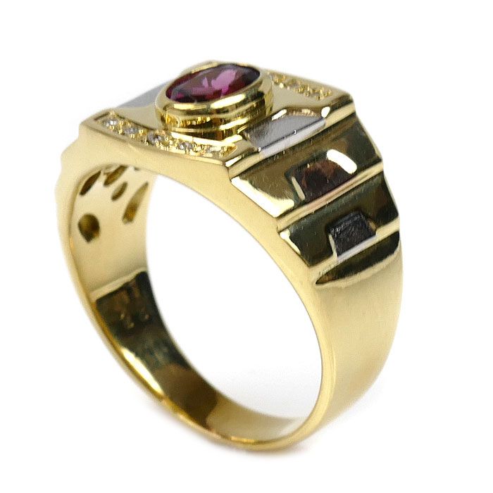 K18YG イエローゴールド Pt900プラチナ リング 指輪 ガーネット ダイヤモンド0.05ct 20号 10.2g メンズ