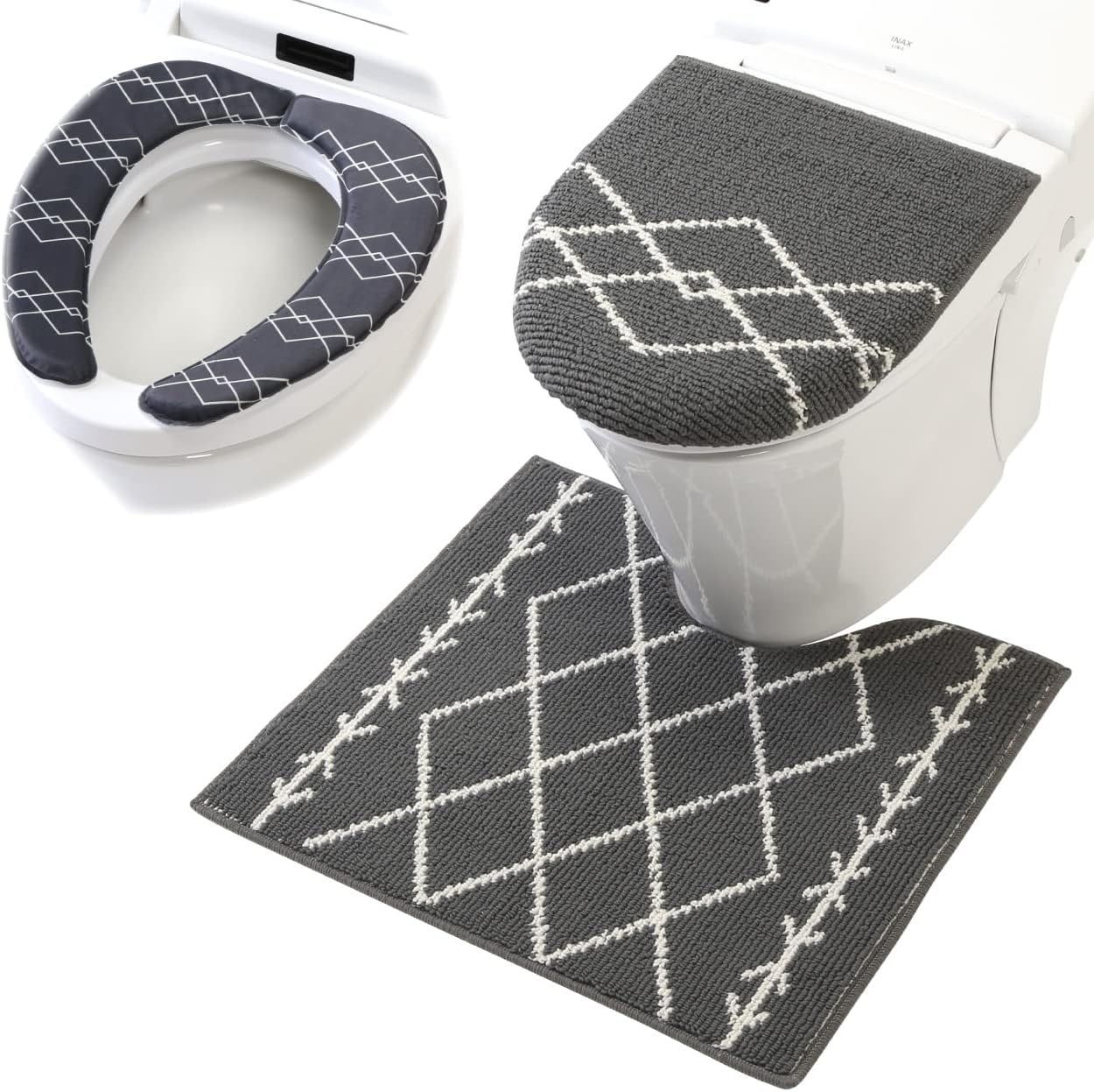 送料込み >トイレマット-フタカバー-便座カバー セット ベニワレン グレー< ヨコズナクリエーション バス トイレタリー トイレマット フタカバー 便座カバー セット ベニワレン グレー