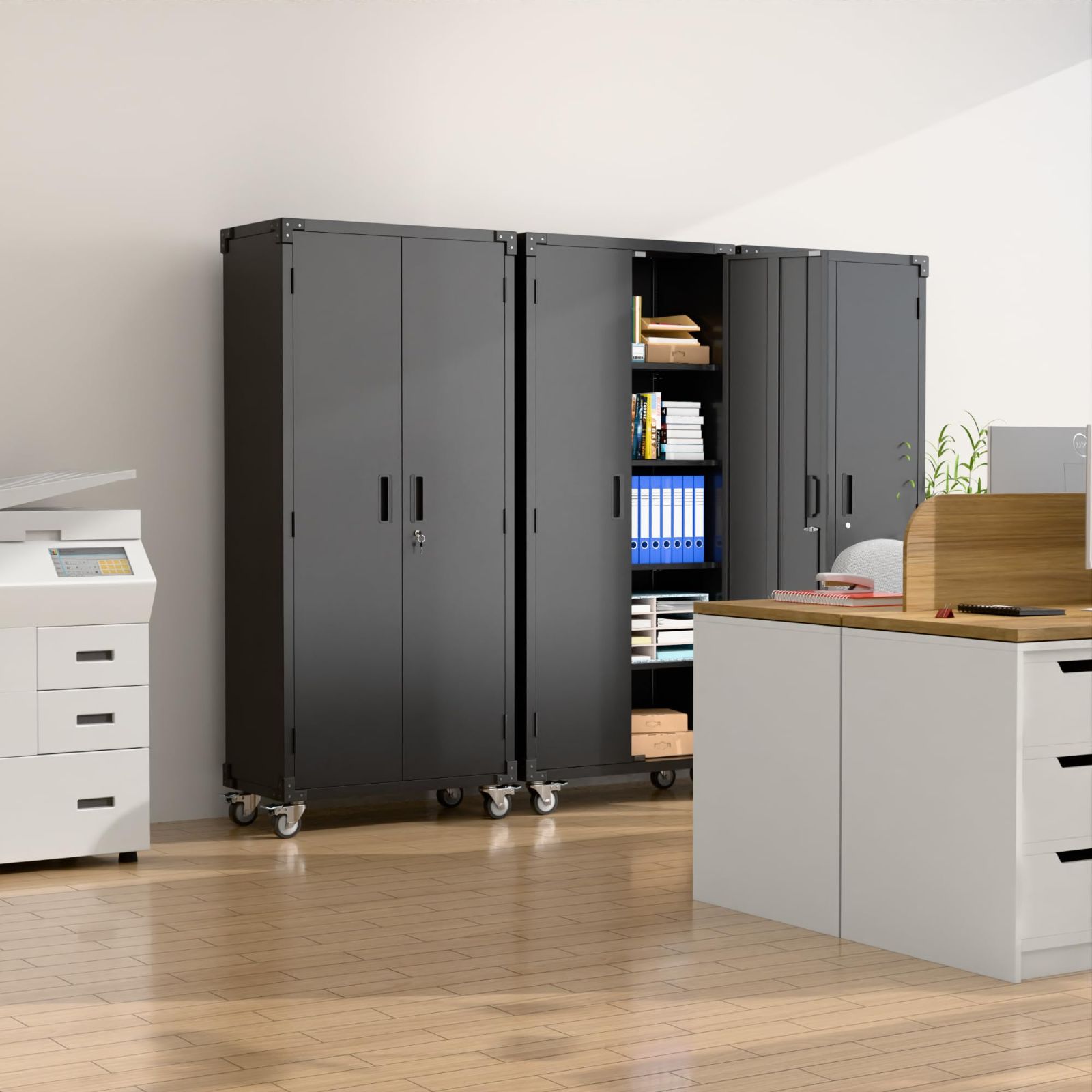 新着商品 鍵付き 5段スチール収納キャビネット 両開き キャスター付き 書庫 ガレージ GangMeiスチールキャビネット クリーニング用具 組み立て式 ブラック