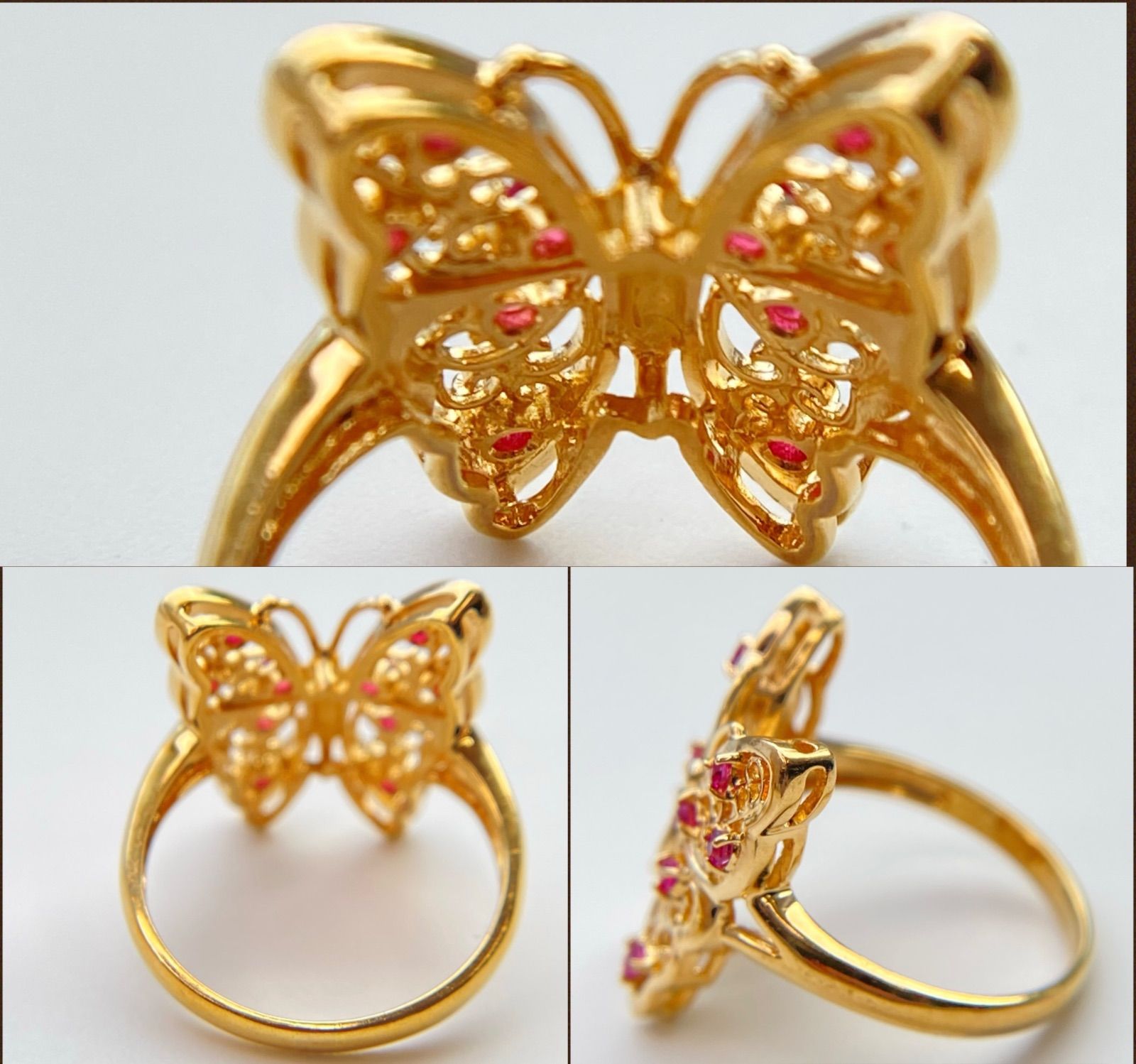 昭和レトロ】K18 バタフライ 透かし ルビー 13号 蝶 ゴールド C1682