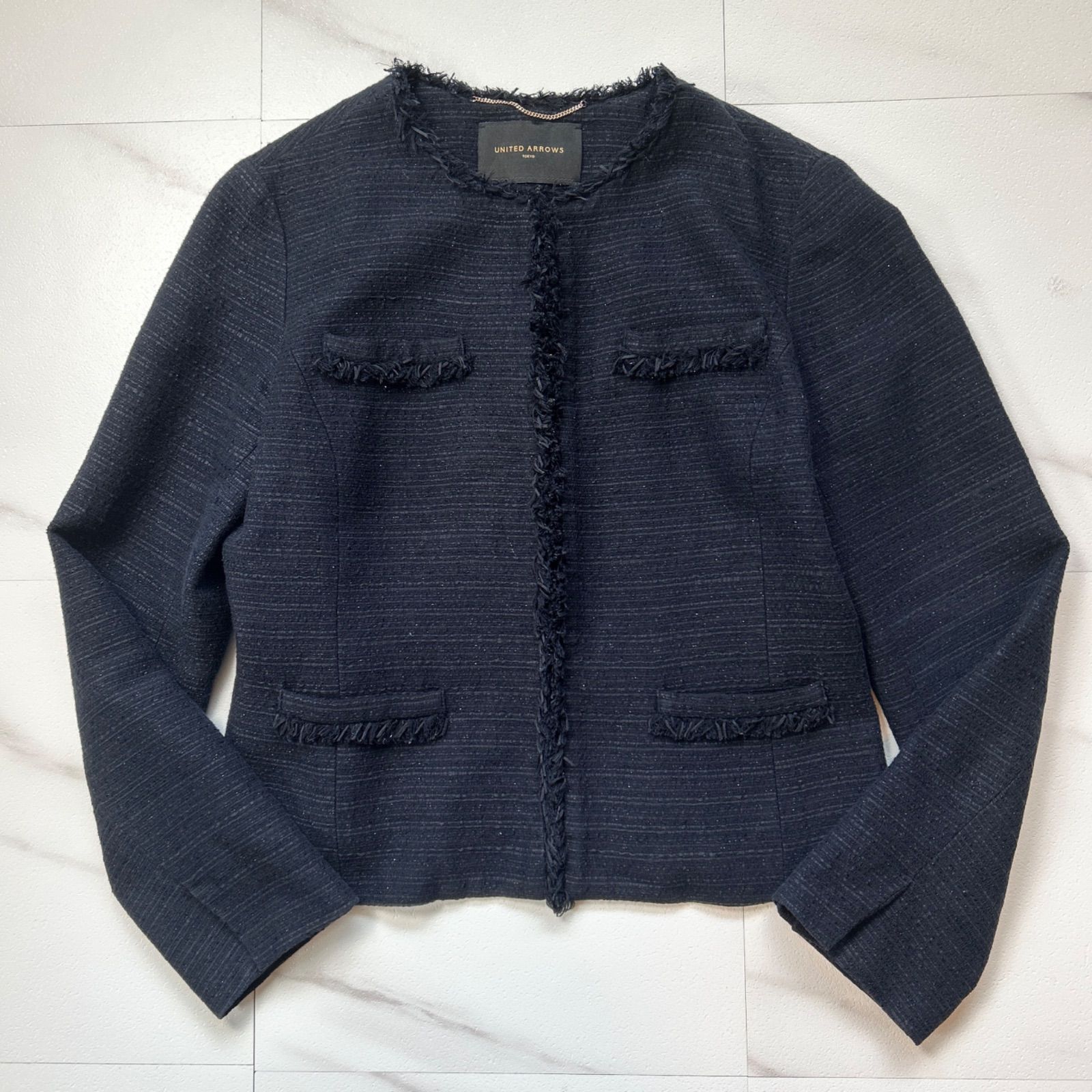 ユナイテッドアローズ 40 Lサイズ フォーマル パンツスーツセットアップ ツイードジャケット ワンタックパンツ ダークネイビー レディース