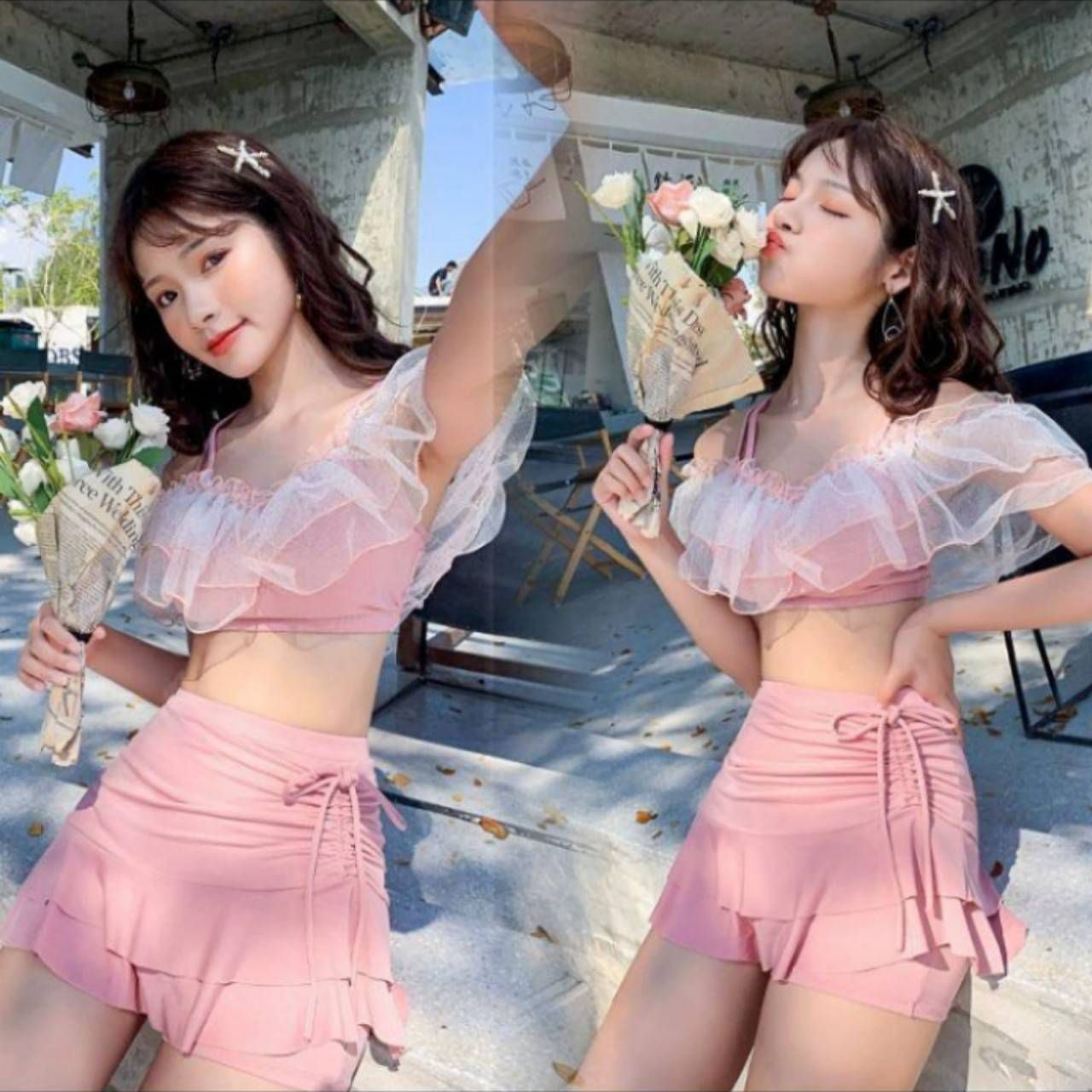 水着 肩フリル ワンピース スカート フェミニン ピンク 韓国 レディース水着ML セパレート ビキニ 無地 肩フリル かわいい