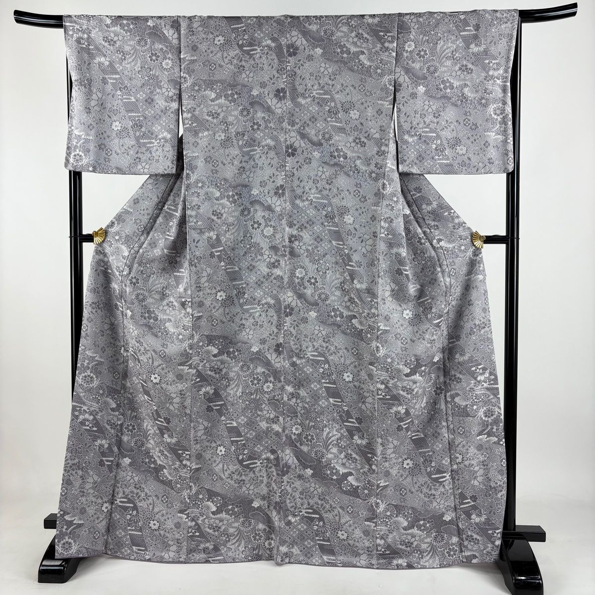 小紋 身丈166.5cm 裄丈67.5cm L 袷 草花 花菱 紋意匠 灰紫 正絹 名品