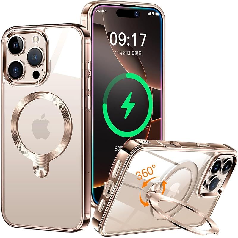 【デザートチタニウム専用色・360回転スタンド】ZapNet iPhone 16 Pro 用 クリア ケース Magsafe 対応 [定点スタンド・超絶安定性][本体を再現・極透明]ストラップホール付き マグセーフ ワイヤレス