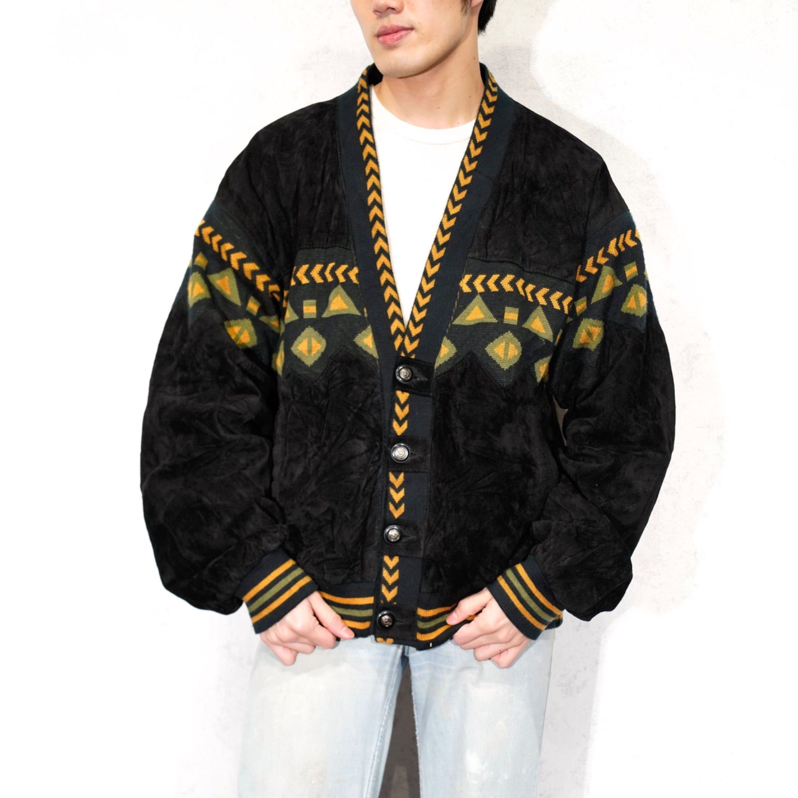 *SPECIAL ITEM* USA VINTAGE KNIT SWITCHED DESIGN LEATHER CARDIGAN|アメリカ古着ニット切替デザインレザーカーディガン