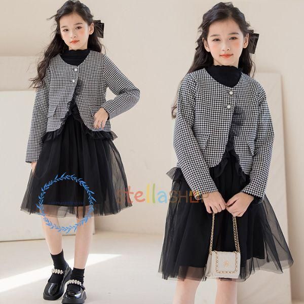 子供服 秋冬 セットアップ 女の子 お姫様 成人式 入学式 卒業式服 お受験 ワンピース 2点セット キッズ 誕生日 結婚式 発表会 セット 千鳥格 アウター 黒いワン