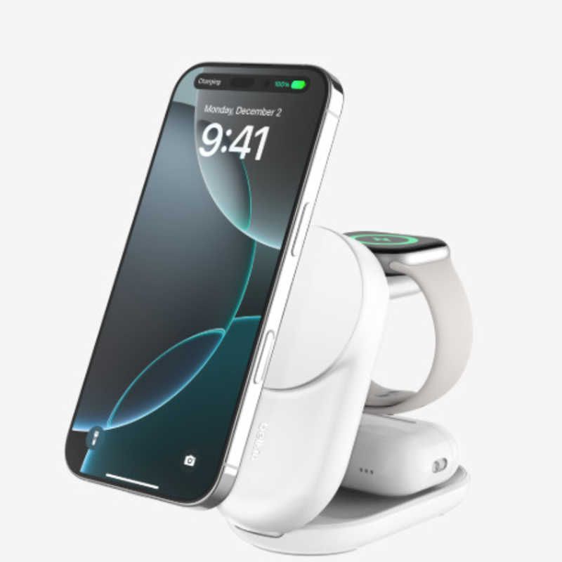 送料無料 ♥ 未開梱 BELKIN UltraCharge Qi2 25W 3-in-1 折りたたみ式マグネット充電器 ラウンド型 ホワイト WIZ037dqWH