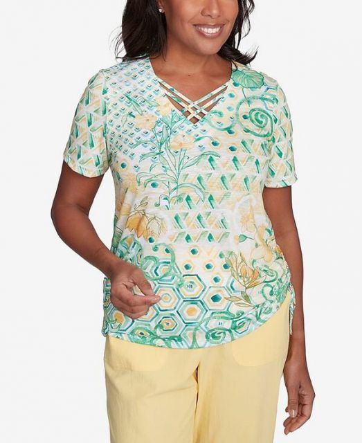 売れ筋商品|||アルフレッドダナー カットソー トップス レディース Petite Rise & Shine Dot Lace Trimmed Short Sleeve Top Lime 送料無料】 アルフレッド ダナー レディース シャツ トップス