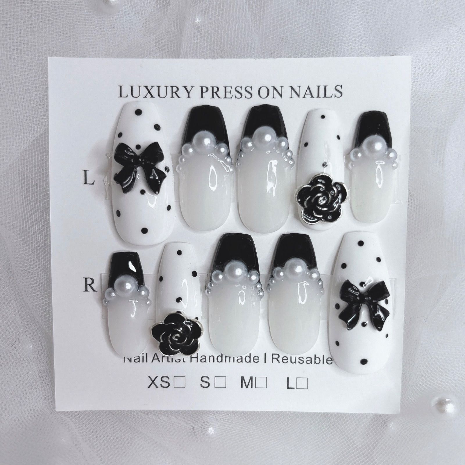 18 ネイルチップ フレンチガーリー 韓国 ホワイト リボン ドット 花