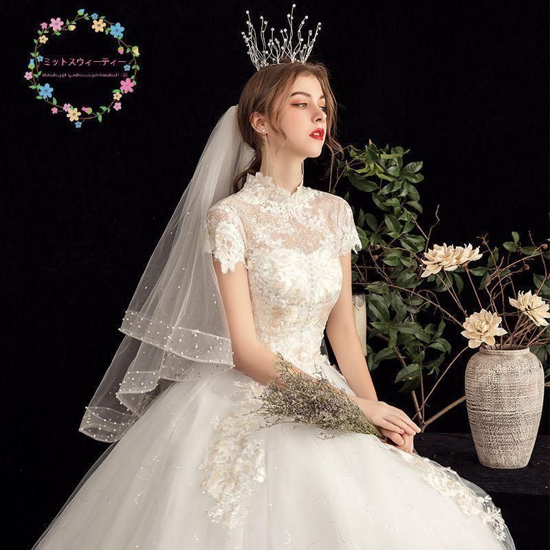 ウエディングドレス 結婚式 花嫁 二次会 プリンセスライン ホワイト 袖付き ウェディングドレス ロングドレス 披露宴 マタニティタイプにオーダー可 編み上げ
