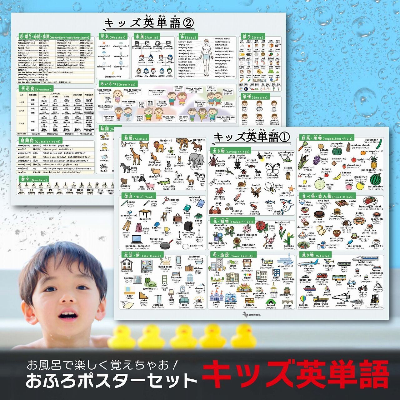 お風呂ポスター キッズ英単語2枚セット B3サイズ(364×515mm