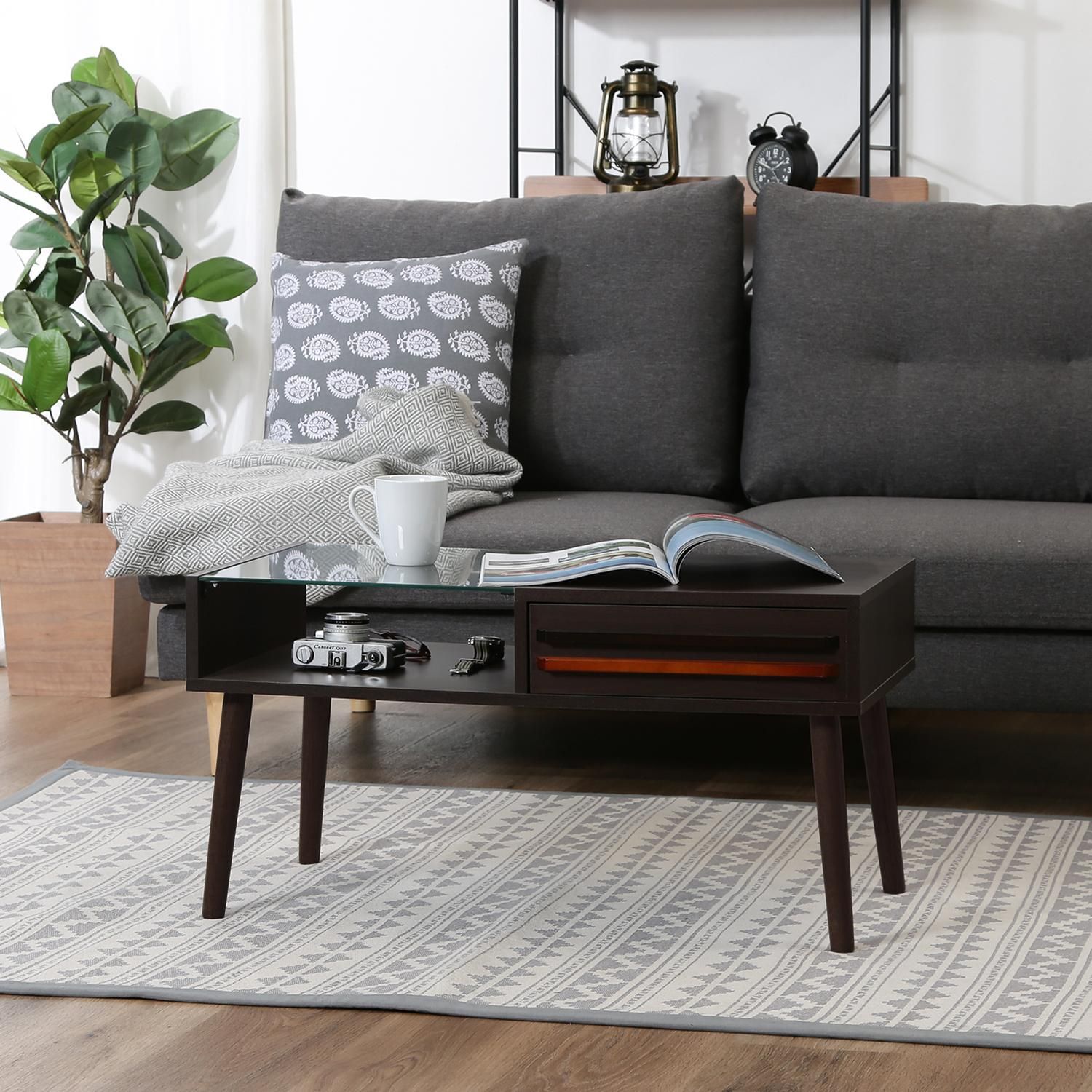 ガラス天板 脚付 センターテーブル ダークブラウン 幅80cm リビングテーブル ローテーブル おしゃれ 1人暮らし MARWIL-DEMENAGEMENTS_CH