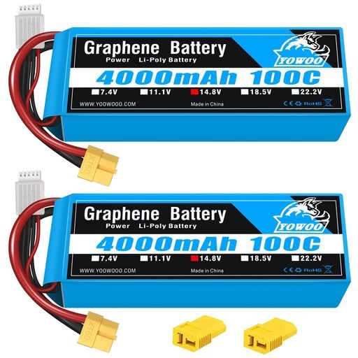 Yowoo4SLipoバッテリー4000mAh14.8V100CグラフェンリチウムバッテリーwithXT60|DeansTコネクタforRCヘリコプターカーボートクアドコプターリモートコントロールおもちゃ飛行機趣味 2パック
