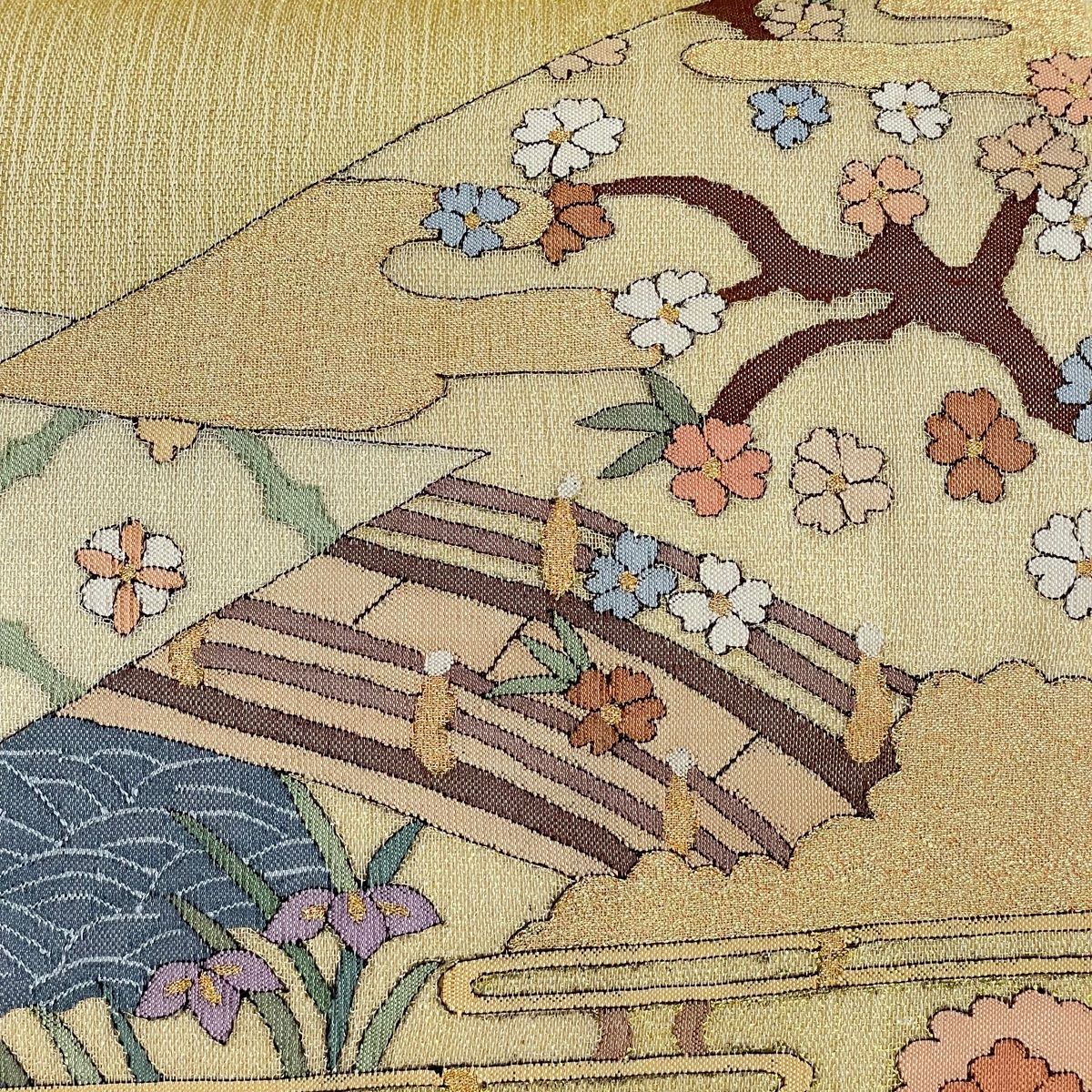⑥⑦②夏帯 草花 麻 袋帯 お太鼓 袋帯 逸品 夏帯 笠松 草花 金糸 金色 お太鼓柄 正絹 【中古