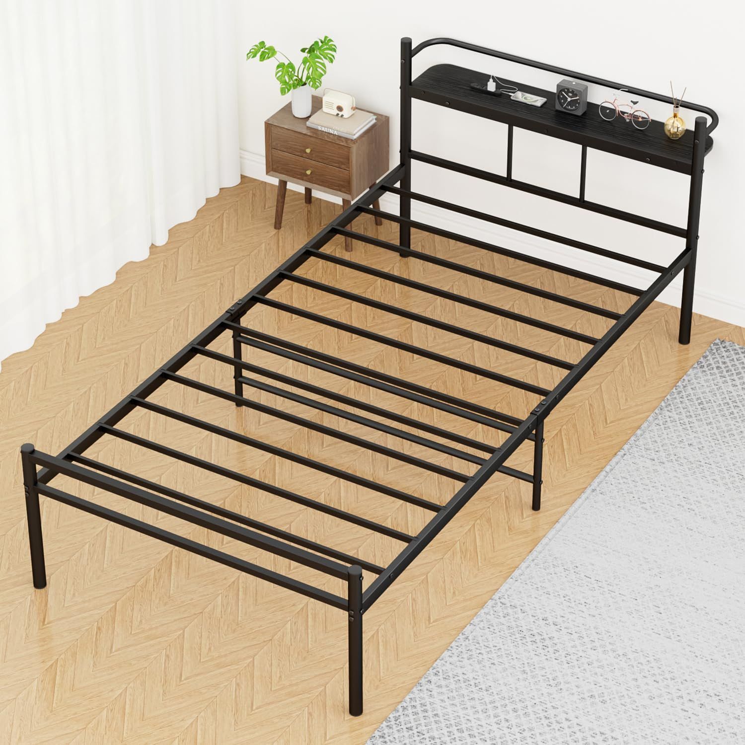 新商品 組み立て式ベッド 狭い空間向け 一人暮らし 工具付き 組立簡単 30cm収納空間 パイプベッド べっどふれーむ 耐久 通気 頑丈 静音 安定 黒 耐荷重300Kg single frame bed シングル すのこベッド 2口コンセント付き 宮棚 収納