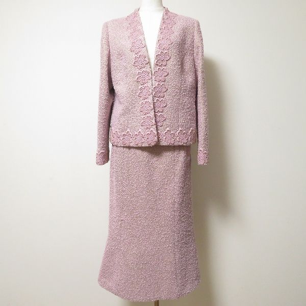anc スズキノリオ Suzuki Norio スカートスーツ セットアップ ピンク オートクチュール ツイード ラメ 花モチーフ レディース 965655