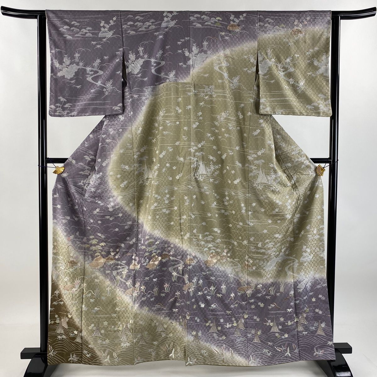 訪問着 身丈162cm 裄丈61cm S 袷 家屋 松竹梅 刺繍 染分け 灰紫 正絹 名品