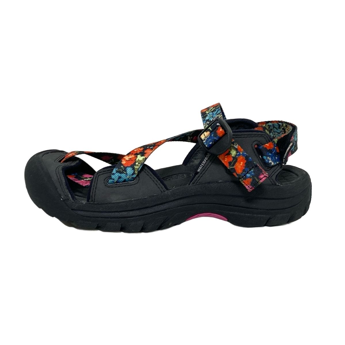 KEEN キーン サンダル 24 レディース - 黒×オレンジ×マルチ 花柄