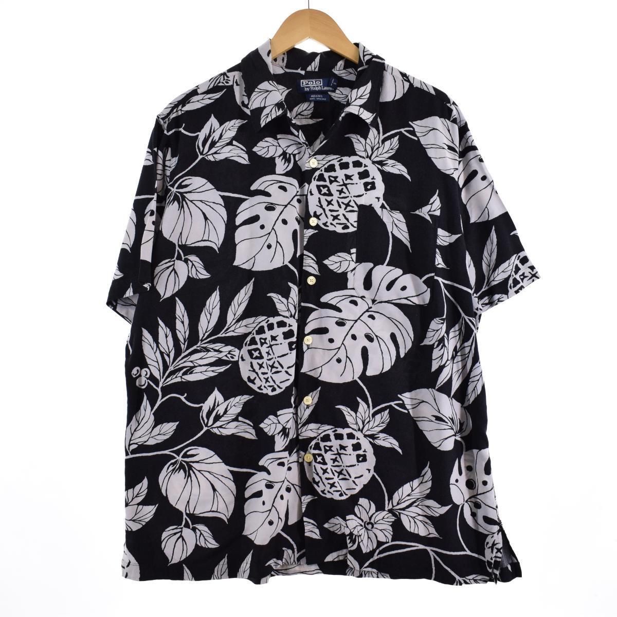 ポロラルフローレン アロハ 黒 POLO Ralph Lauren ADAMS 美品 2XL 黒 レーヨン Adams 総柄 ポロラルフローレン 半袖開襟