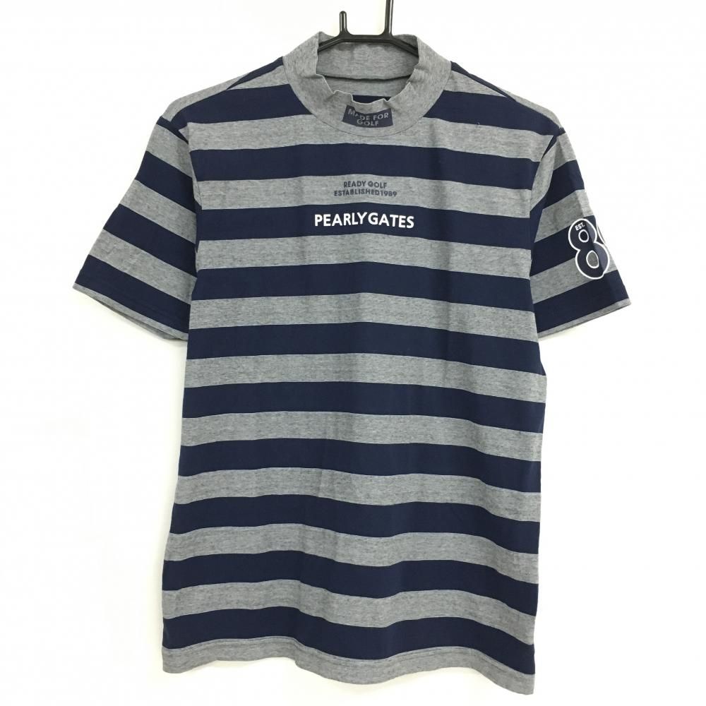 【超美品】パーリーゲイツ 半袖ハイネックシャツ ネイビー×グレー ボーダー ストレッチ メンズ 5(L) ゴルフウェア PEARLY GATES