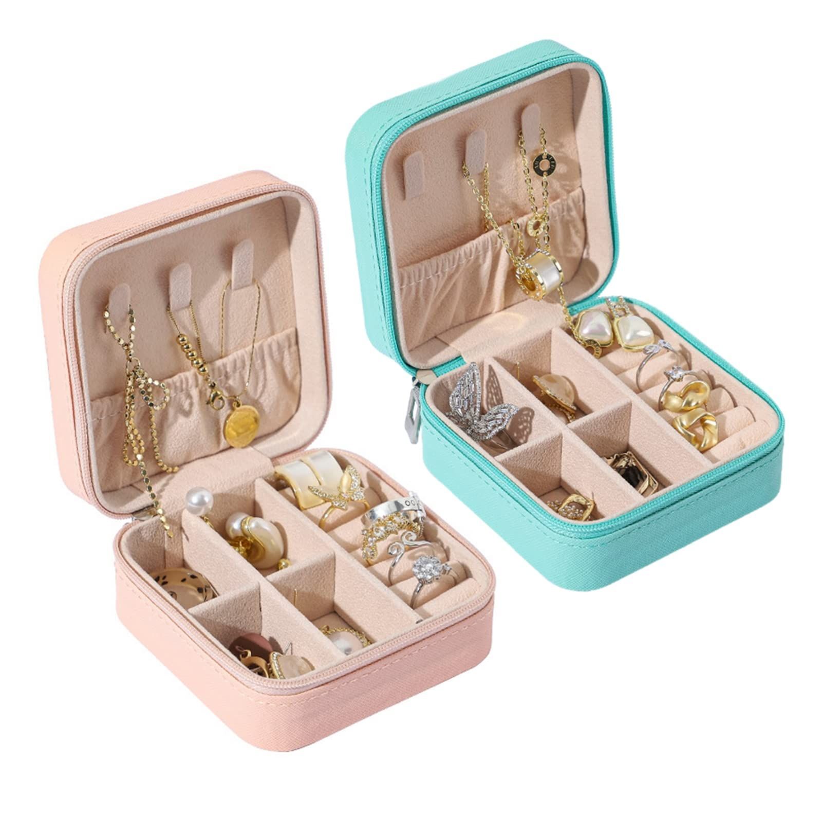 ピンク＋ブルー 2点セット ジュエリー収納 ジュエリーボックス アクセサリーケース ミニ宝石箱 持ち運び PU アクセサリー収納 指輪 ネックレス ピアス 耳飾り ブレスレット 収納ケース 旅行 
