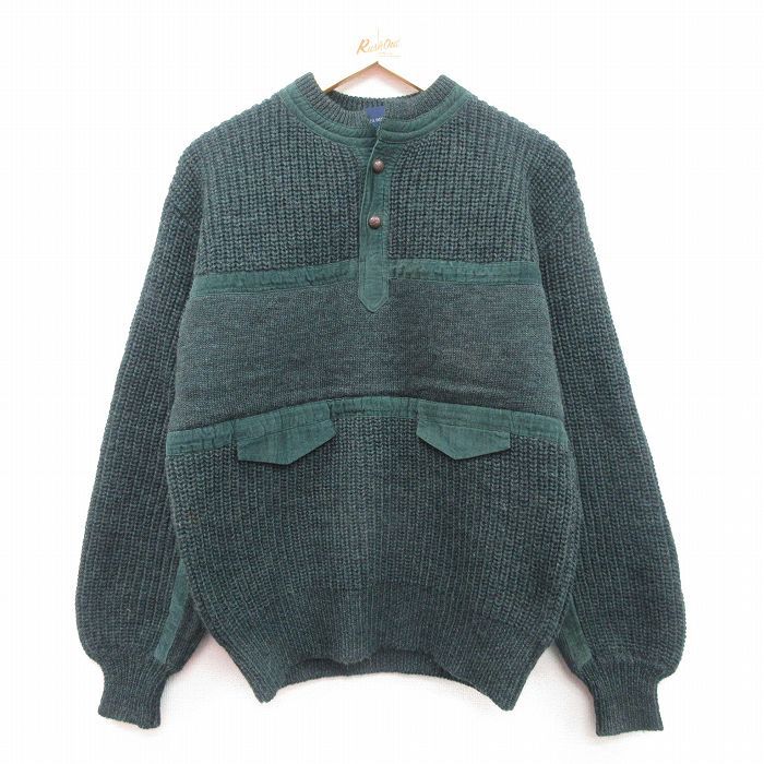 M/古着 GANT 長袖 セーター メンズ 00s コーデュロイ使用 ウール ヘンリーネック 緑 グリーン 24sep30 中古 ニット トップス